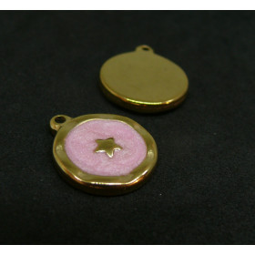 Pendentif Médaillon style émaillés avec Étoile 15mm Acier Inoxydable coloris Doré et Rose
