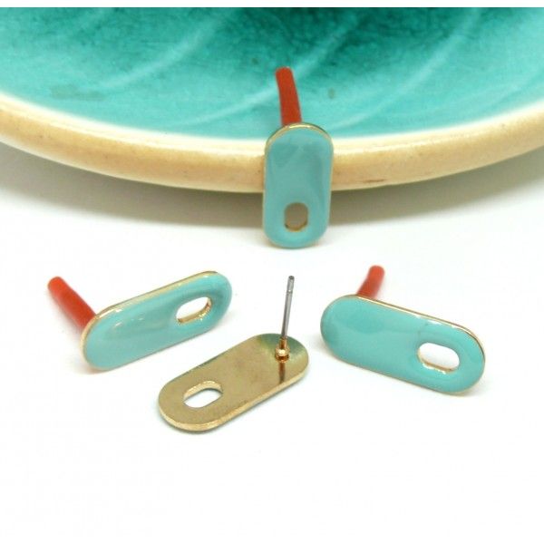 Boucles d'oreille puce style émaillé Rectangle 20mm avec trou couleur Bleu Turquoise métal finition Doré