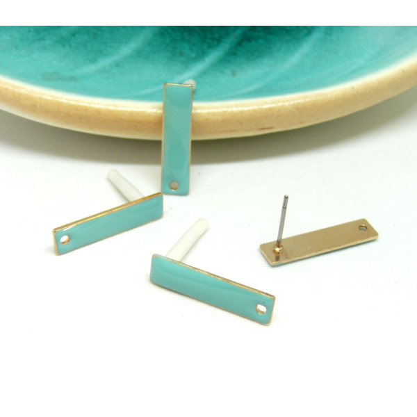 Boucles d'oreille puce style émaillé Rectangle Fin 21.5mm avec trou couleur Bleu Turquoise métal finition Doré