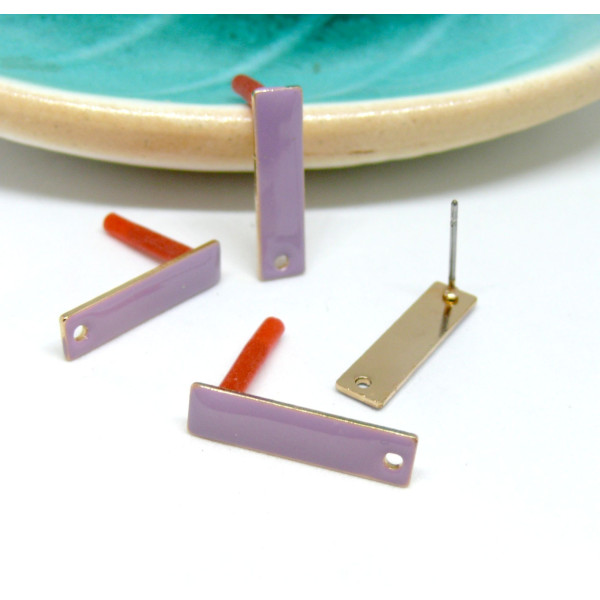 Boucles d'oreille puce style émaillé Rectangle Fin 21.5mm avec trou couleur Lilas métal finition Doré