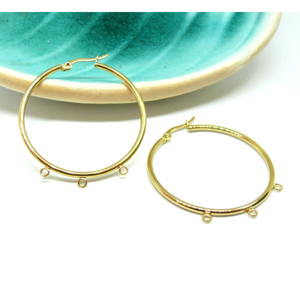 Boucles d'oreille Créoles 40mm, avec 3 Anneaux à décorer, Acier Inoxydable  304 coloris Doré, DIY Bijoux