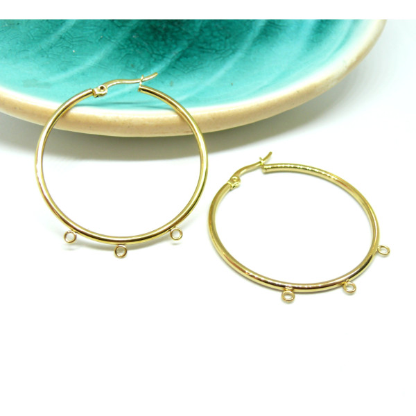 Boucles d'oreille Créoles 40mm, avec 3 Anneaux à décorer, Acier Inoxydable  304 coloris Doré, DIY Bijoux