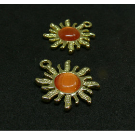 Pendentifs Soleil Œil de Chat Orange  21.5 mm métal finition Doré