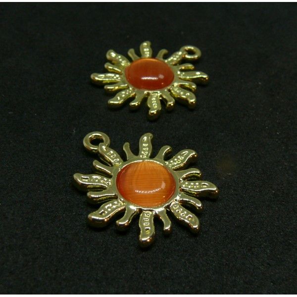 Pendentifs Soleil Œil de Chat Orange  21.5 mm métal finition Doré