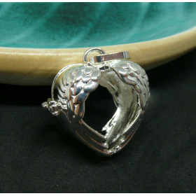 Pendentif Cage Bola Coeur Aile d'ange pour Perles 16mm Cuivre finition Argent Vif