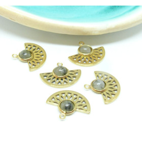 Pendentif Éventail Art Déco- 20mm - Gris Vert en Acier Inoxydable 304 finition Doré