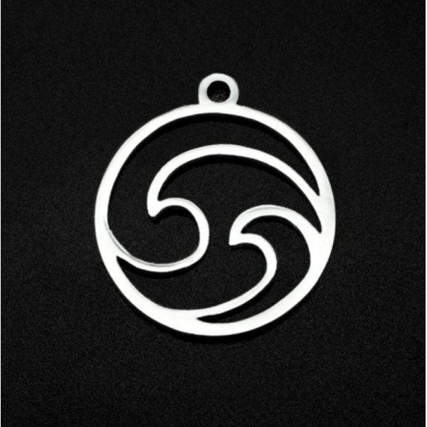 Pendentifs Vague dans médaillon ajouré 12mm  Acier Inoxydable 201 finition Argenté Rhodié