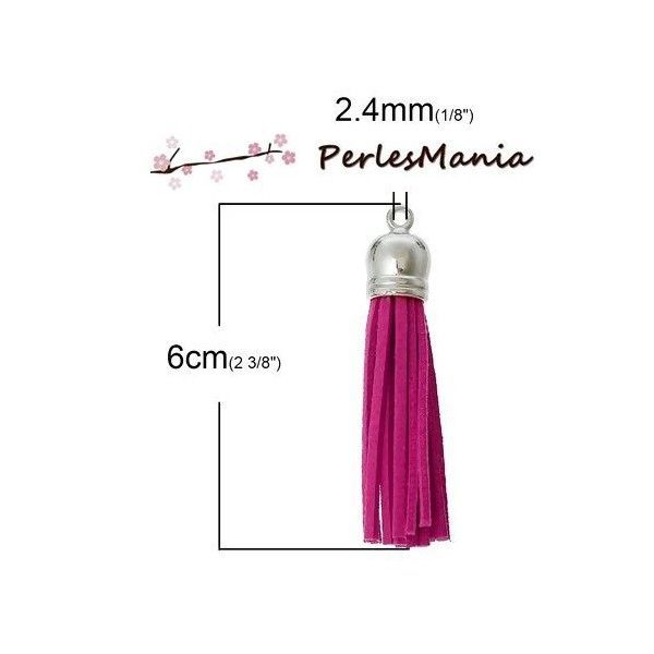 Pompons breloque passementière 60mm suédine FUSCHIA ARGENT VIF