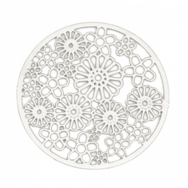 Estampes, pendentifs connecteurs filigrane, forme Ronde Multi fleurs 23mm, Coloris Argent Platine