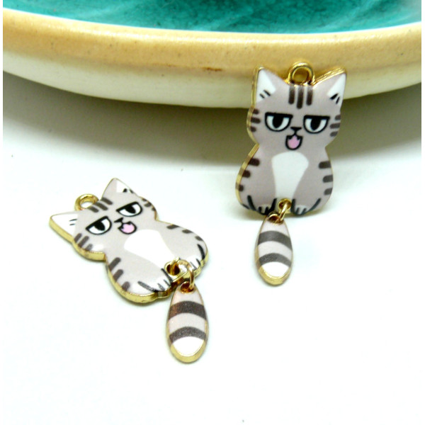 Pendentifs breloques Chat Emaillé 39 mm métal Doré