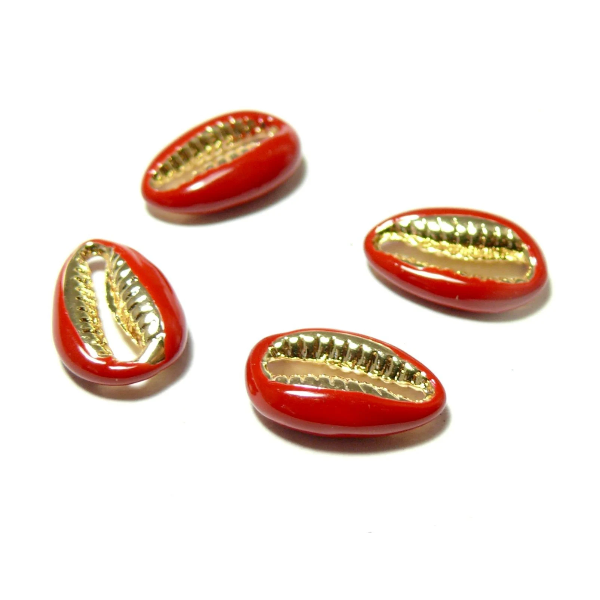2 perles intercalaires émaillés Cauri résine émaillé Rouge sur metal doré 14 par 4,5mm