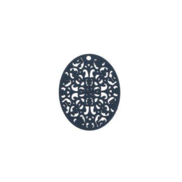 Estampes pendentif Ovale ajouré  31mm métal couleur Bleu Nuit