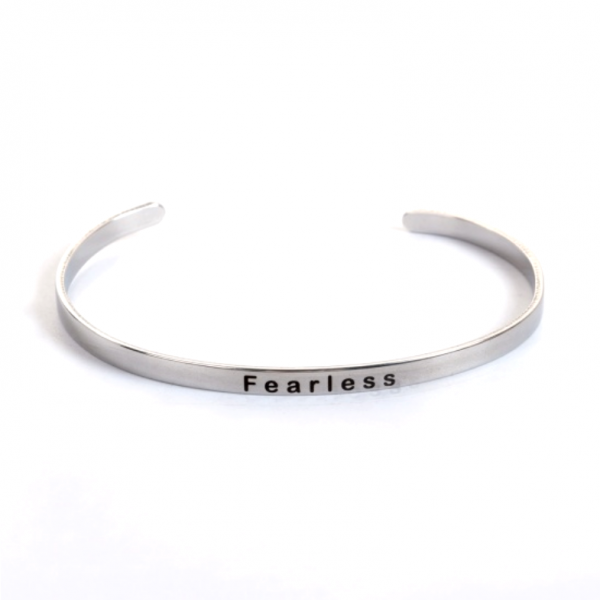 Support de Bracelet Jonc 4 mm en ACIER INOXYDABLE 304 finition Argenté "Fearless" Intrépide, courageuse...