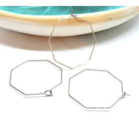 Boucles d'oreille Créoles Tiges, Octogonale 25mm, en Acier Inoxydable  316 finition Argenté