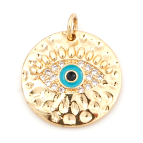 Pendentif Œil de protection Médaillon style émaillés  avec strass 21 mm métal coloris Doré et Bleu Turquoise