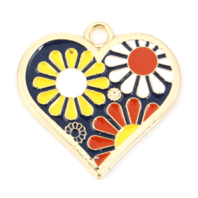 Pendentif Coeur émaillés Flower Power 22 mm métal coloris Doré