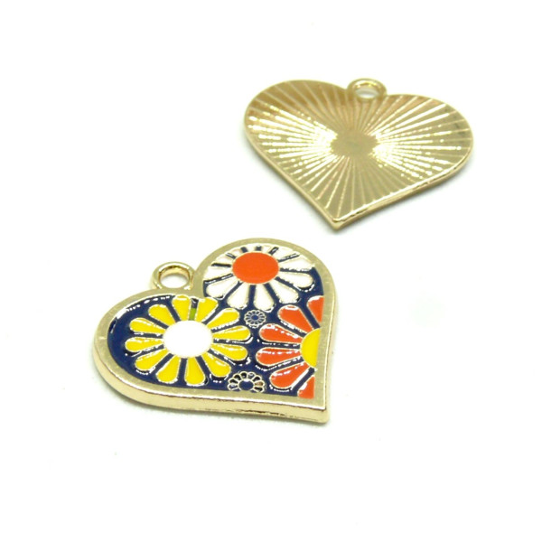 Pendentif Coeur émaillés Flower Power 22 mm métal coloris Doré