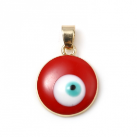 Pendentif Œil de protection, Médaillon style émaillés 24 par 16mm, métal coloris Doré et ROUGE