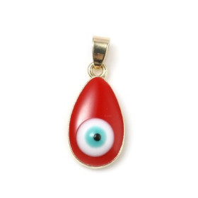 Pendentif Œil de protection, Médaillon style émaillés 25 par 11mm, métal coloris Doré et ROUGE