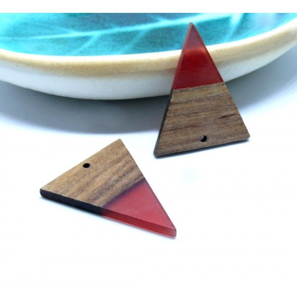 Pendentif Triangle en Bois et résine Rouge 37.5mm