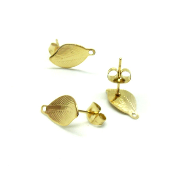 Boucles d'oreille Puce Feuille avec trou pour attache 14 mm  en ACIER INOXYDABLE 304 et poussoirs papillons finition Doré