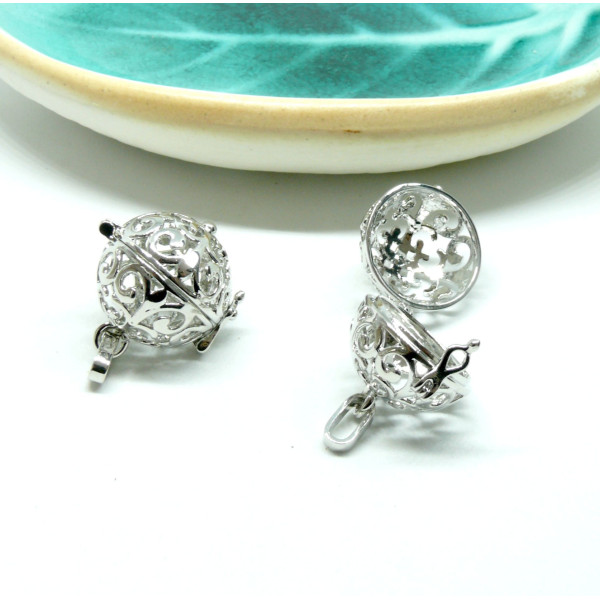 Pendentif Cage Bola Arabesque pour Perles 16mm Cuivre finition Argent Platine