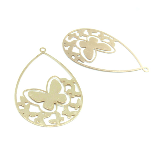 Estampes pendentif filigrane grande Goutte Papillon 47mm métal finition Doré