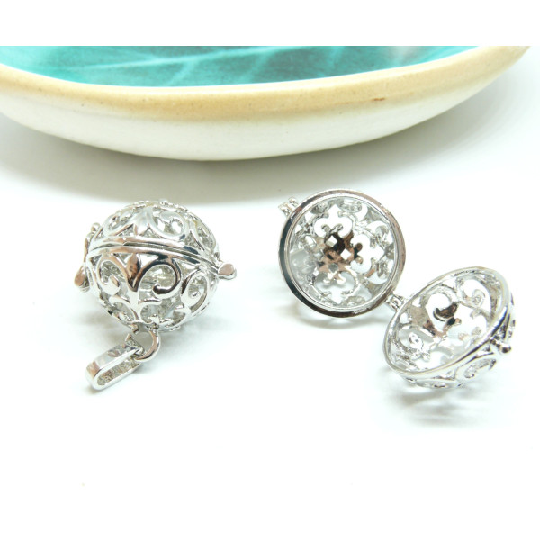 Pendentif Cage Bola Arabesque pour Perles 16mm Cuivre finition Argent Platine