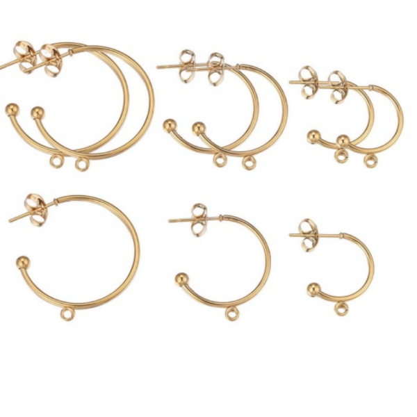 Boucles d'oreille Créoles avec attache et embouts 15 mm ACIER INOXYDABLE 304  Finition OR 18KT