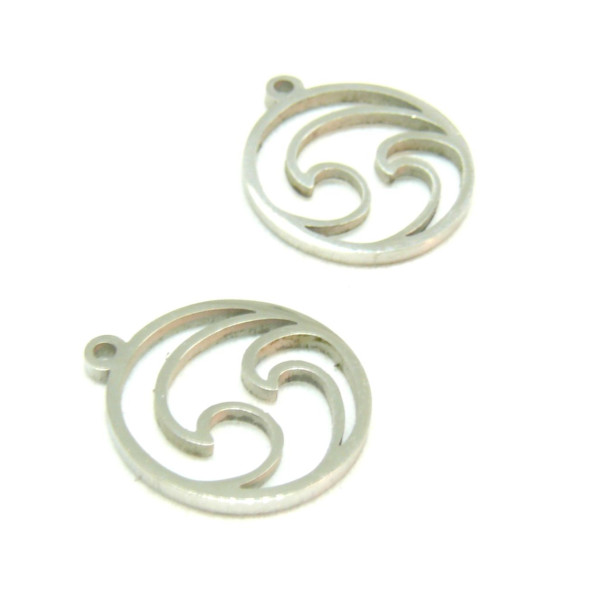 Pendentifs Vague dans médaillon ajouré 12mm  Acier Inoxydable 201 finition Argenté Rhodié