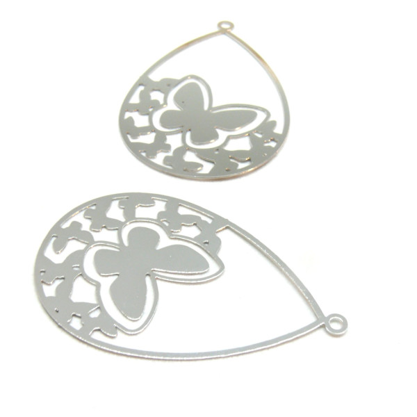 Estampes pendentif filigrane grande Goutte Papillon 47mm métal finition Argent Platine