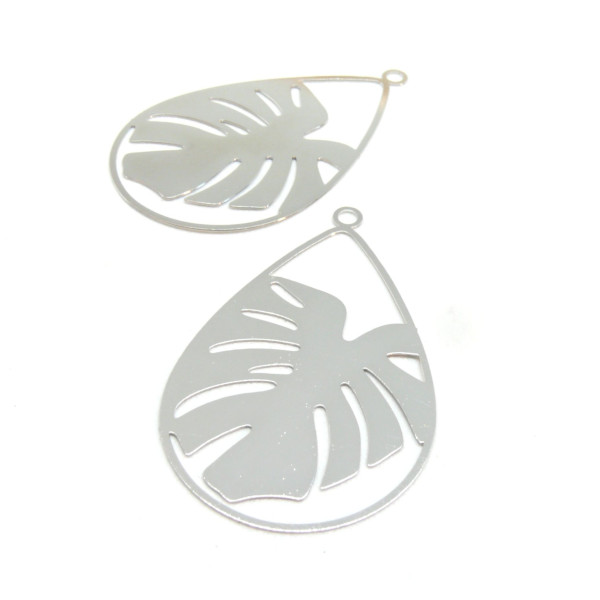 Estampes pendentif filigrane grande Goutte Feuille de Montserrat 47mm métal finition Argent Platine