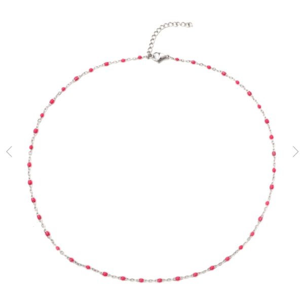 Collier 45 cm résine émaillé Rose Fuchsia- maille forçat fine 2 mm - Acier Inoxydable - base Argenté