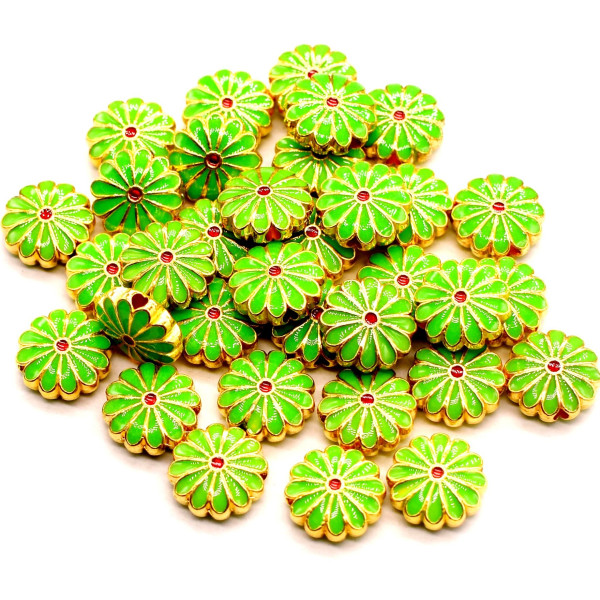 BU11210303164719 – Lot de 2 ou de 4 Perles Intercalaires Marguerite 12mm – Résine Cloisonné Style Émaillé Vert sur Base Dorée