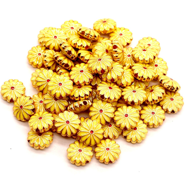 BU11210303164719 – Lot de 2 ou de 4 Perles Intercalaires Marguerite 12mm – Résine Cloisonné Style Émaillé Jaune sur Base Dorée