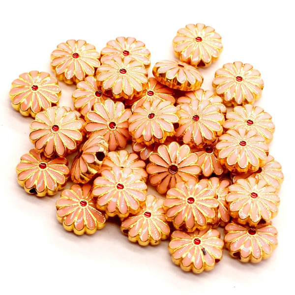 Perles Intercalaires Cloisonné Résine Style Émaillé Marguerite Rose 12 mm – Base Métal Doré
