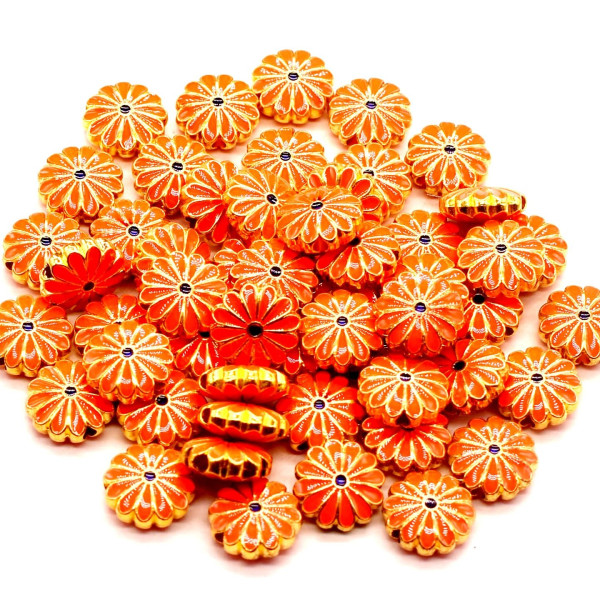 Perles intercalaires Cloisonné résine style émaillés Marguerite ORANGE 12mm sur une base en métal Doré