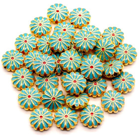 Perles Intercalaires Cloisonné Résine Style Émaillé Marguerite 12mm , Turquoise, Doré