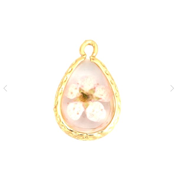 Pendentifs Goutte de  Verre avec inclusion de fleur véritable 19mm métal Doré