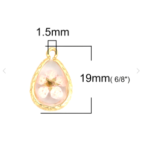 Pendentifs Goutte de  Verre avec inclusion de fleur véritable 19mm métal Doré