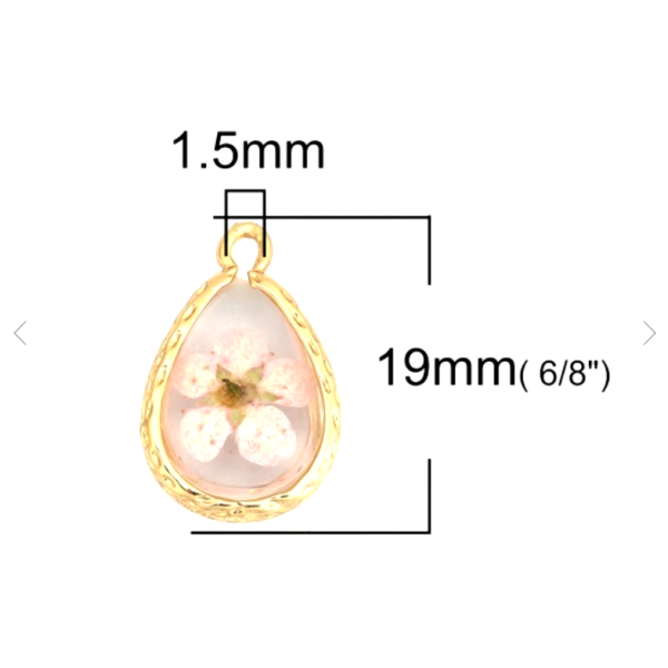Pendentifs Goutte de  Verre avec inclusion de fleur véritable 19mm métal Doré