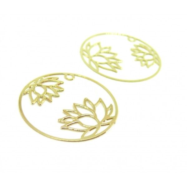 Estampes pendentif filigrane Fleur de Lotus dans Cercle 27 mm Métal coloris Doré