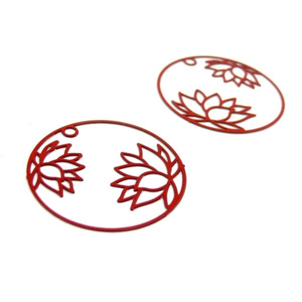 Estampes pendentif filigrane Fleur de Lotus dans Cercle 27 mm Métal coloris Rouge