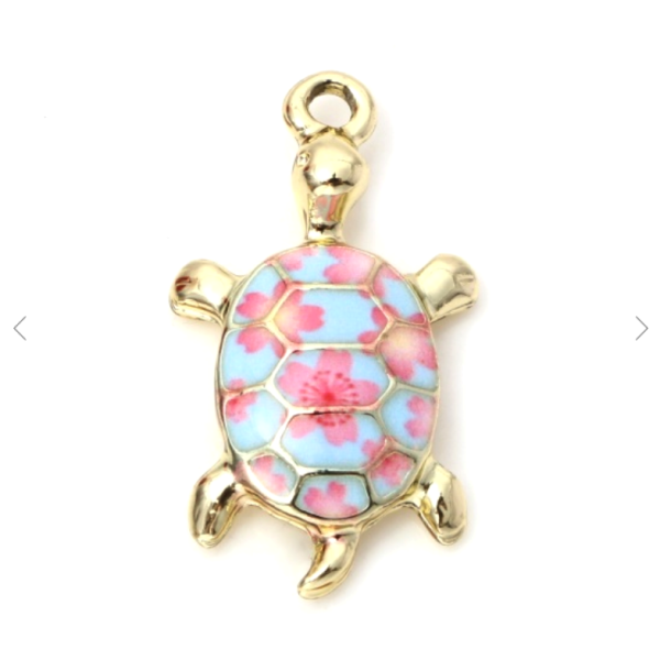 Pendentifs résine style émaillés Tortue 24mm sur une base en métal Doré