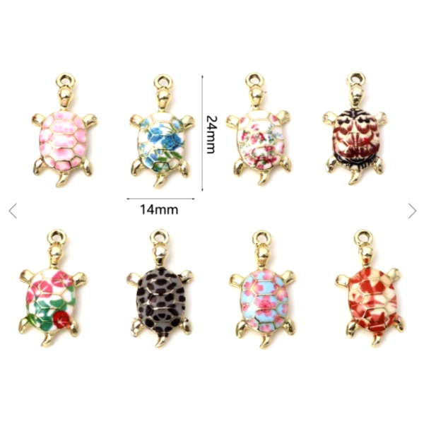 Pendentifs résine style émaillés Tortue 24mm sur une base en métal Doré
