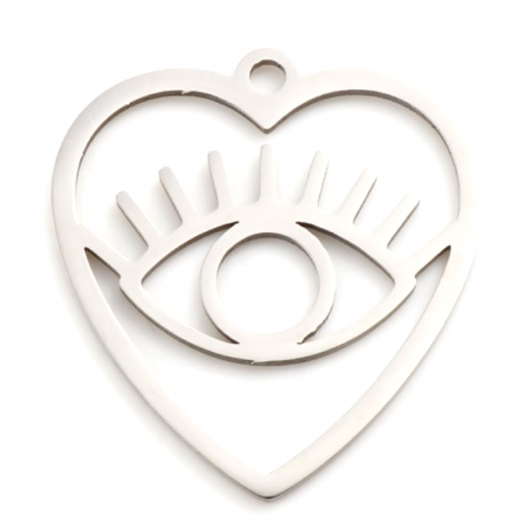 Pendentifs forme Coeur avec Oeil de la protection, Grigri 26mm Acier Inoxydable finition Argent Platine