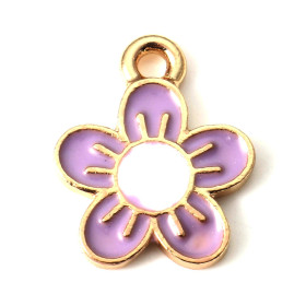 Pendentifs résine style émaillés Fleur, Marguerite 13mm Lilas sur une base en métal Doré