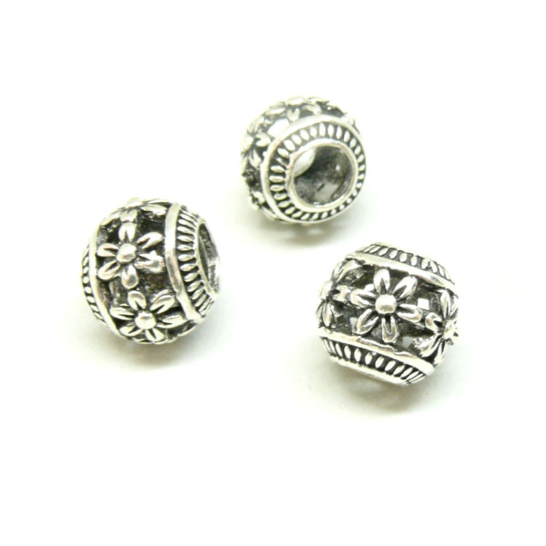 Perles intercalaires Rondelle Tonneau Fleur 11mm grand trou 4.5 mm métal finition Argent Antique