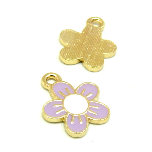 Pendentifs résine style émaillés Fleur, Marguerite 13mm Lilas sur une base en métal Doré