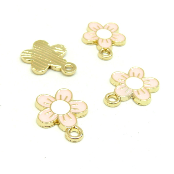 Pendentifs résine style émaillés Fleur, Marguerite 13mm Rose Pale sur une base en métal Doré